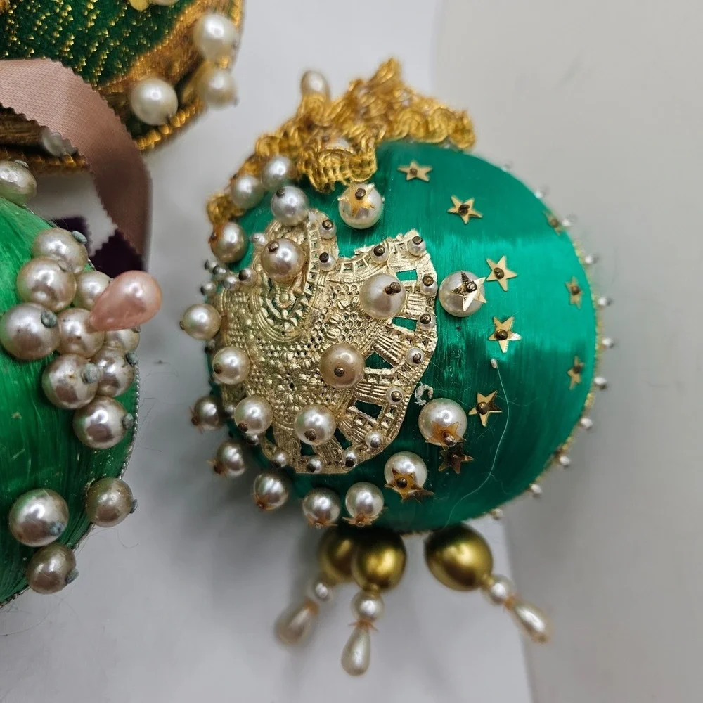 6 Vintage Handmade Satin Beaded Christmas Ball Ornaments Green Gold Pearl